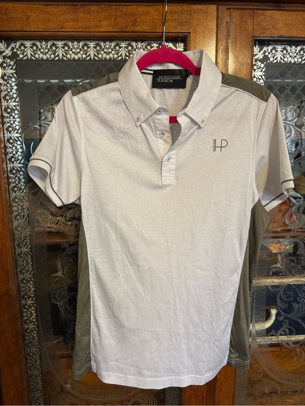 HP Men's White Polo with Gray Shoulder Panels Horseware Platinum